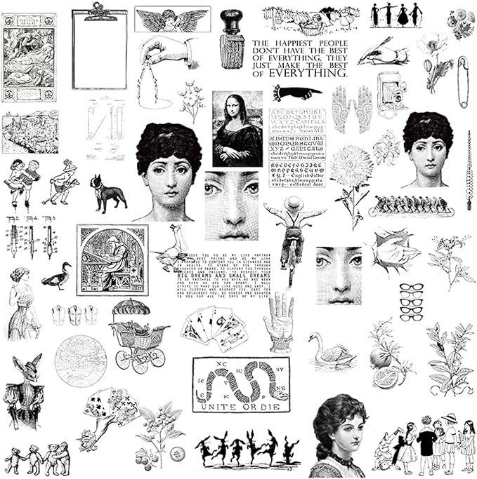CATaireen Vintage Junk Journal Ephemera Scrapbooking Supplies Translucent Vellum Paper Stickers Card Making Decal Art Aesthetic for Adults (Character Dark -3)