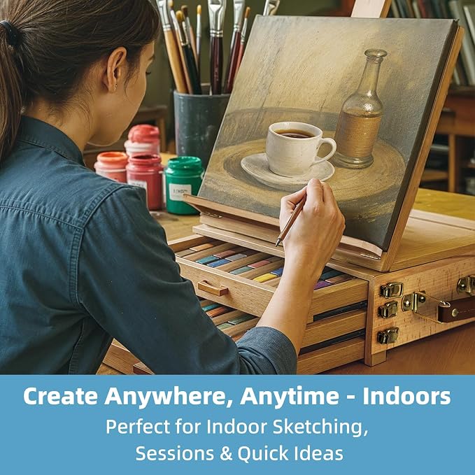 Portable Beechwood Table Easel with 3 Storage Drawers | Desktop Sketch Box Art Easel, Adjustable Tabletop Painting Stand for Teens and Adults