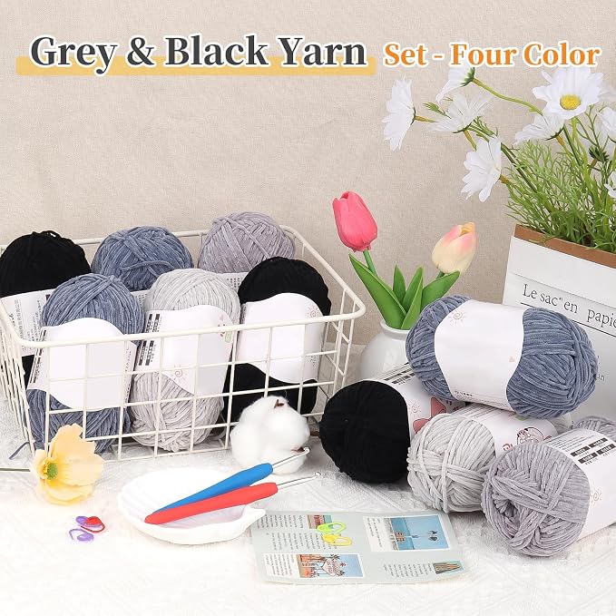 Coopay Skinny Chenille Yarn for Crocheting & Knitting, Black & Grey | Crochet Yarn Set - 600g Total, Velvet Yarn for Colorful Crafts, Blankets, Plush Dolls, Decorative Handmade Works