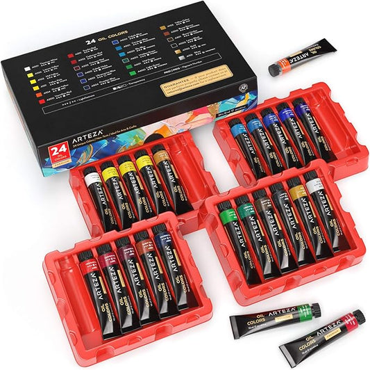 ARTEZA Oil Paint Set – 24 Multicolor Tubes (0.4 Fluid Ounces Each), Vibrant Oil-Based Paints for Canvas & Art Projects