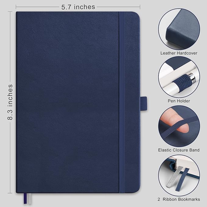 RETTACY Dotted Journal Notebook, 192 Pages, A5 Medium Size (5.7'' x 8.3'') | Leather Hardcover, 100 GSM Thick Paper, for Journaling, Planning, Tracking (Navy blue)