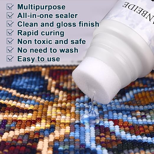 LANBEIDE Diamond Painting Sealer 120ML with Sponge Applicator | Diamond Art Sealer with Permanent Hold & Shine Effect. Built-in sponge tip for easy coverage on paintings and puzzles.