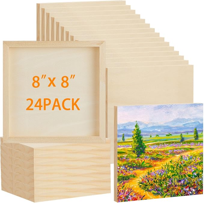 Barydat 24 Pcs Wood Panels for Painting 8'' x 8'' Unfinished Wood Canvas Board Artist Wall 0.79'' Deep Wooden Cradled Panels for DIY Crafts, Easel Display, Painting Pouring Arts Use with Oils, Acrylic