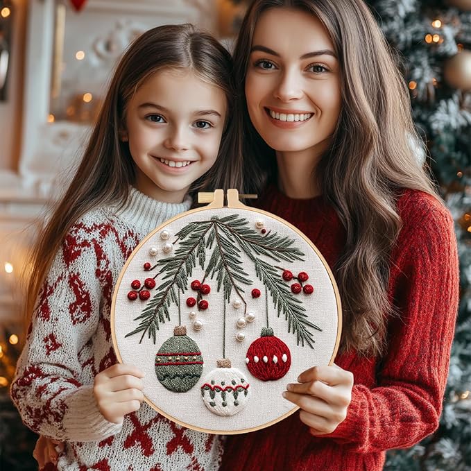Santune Christmas Embroidery kit,Fall Needlepoint Cross Stitch Kits for Beginners Adult,Needle Point Sets,4 Embroidery,2 Hoops,Christmas Ornaments