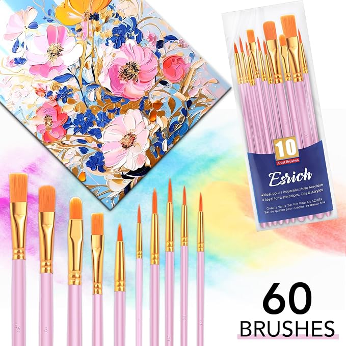 ESRICH 60PCS Pink Paint Brushes, Paint Brush for Acrylic Painting | Artist Paintbrushes for Oil Watercolor, Body Face Rock Canvas, Small Paint Brushes for Kids