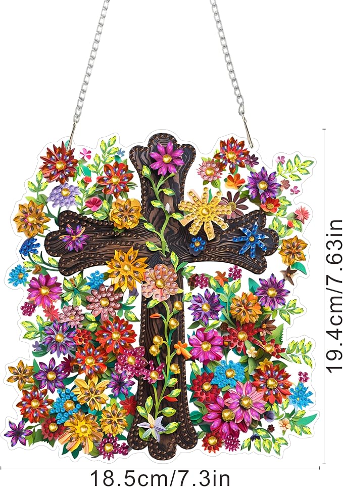 RYMILIE Cross with Flowers Hanging Diamond Art for Adults, Special Shaped Rhinestone, Diamond Painting Pendant DIY Gem Art Wall Hanging Ornament, Acrylic Home Garden Decor with Chain