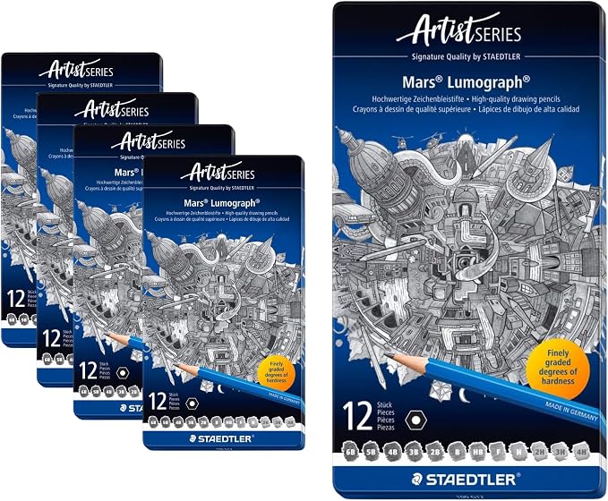 STAEDTLER Mars Lumograph Art Drawing Pencils | 5 Pack - Sustainable, Break-Resistant Graphite, Metal Case