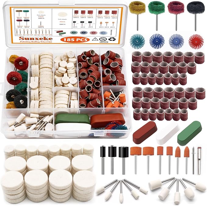 185Pcs Polishing Buffing Wheel Kit, Felt Wool Pad Set, Rotary Accessories with Sanding Drum, Polishing Compound, Grinding Head, 1/8" Shank for Jewelry Metal Polishing, Compatible with Dremel
