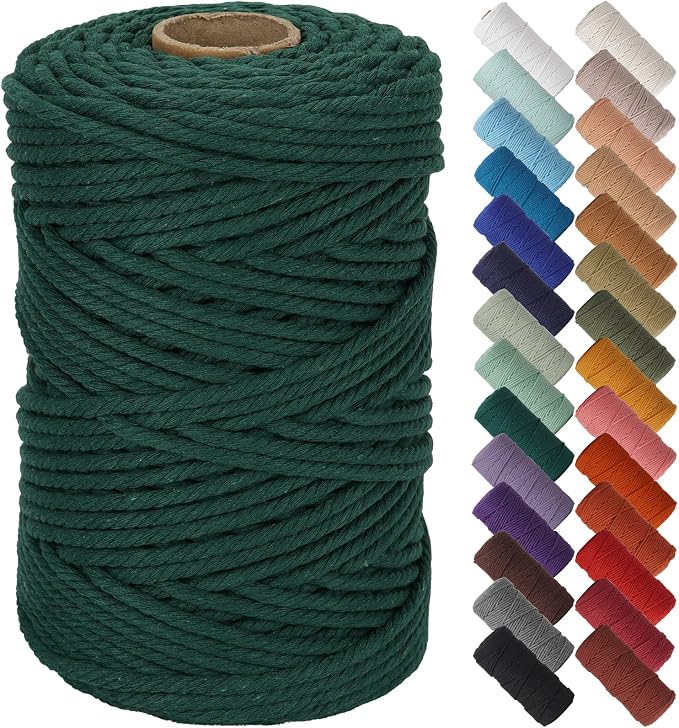 NOANTA Dark Green Macrame Cord 5mm x 109yards, Cotton Rope Macrame Yarn | Macrame Rope Supplies, 3 Strand Twisted Cotton Yarn String, Cotton Cord for Wall Hanging, Plant Hangers, Crafts, Knitting