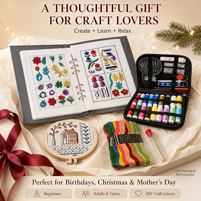 Embroidery Kit for Beginners, 138-Pattern Embroidery Stitch Book with Hoop & 89-Piece Tool Set, Portable Loose-Leaf Hand Embroidery Starter Kit for Adults & Teens, Home, Travel and Craft Classes