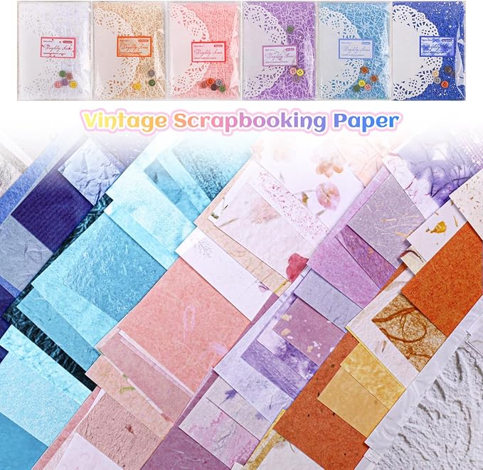156 Sheets Textured Scrapbook Paper & Mesh Fabric Assorted Set, 30 Buttons