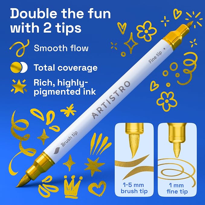 ARTISTRO 36 Gold Dual-Tip Acrylic Paint Marker Pens for Drawing | For Fabric, Rock, Glass, Wood, & Molds, Arts & Crafts Gift for Adults, Teens, & Kids, Classroom Must Haves & School Supplies