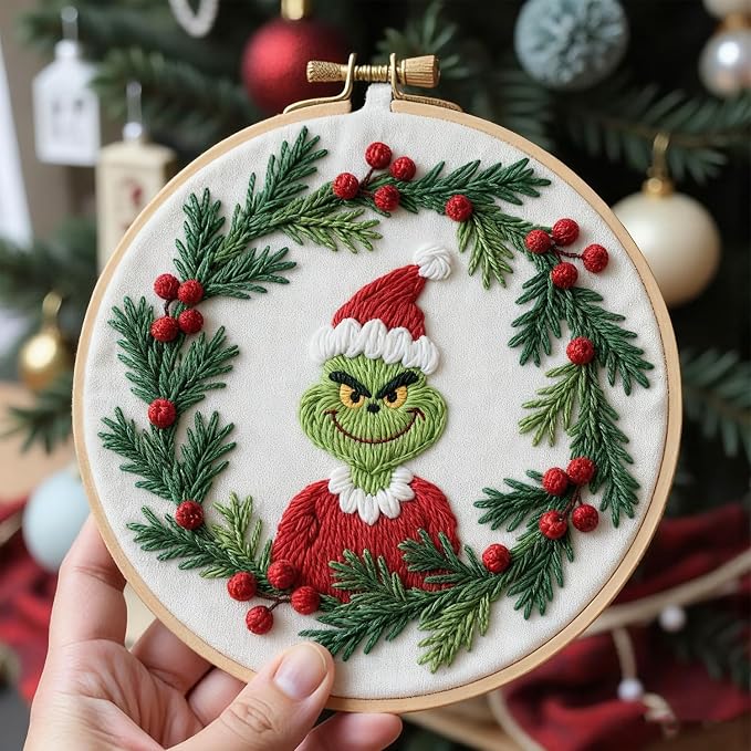 BBLYBD Christmas Embroidery Kit, 1 Set Cross Stitch Craft Kit for Beginners with Pre-Printed Embroidery Fabric, Hoop, Step-by-Step Instruction, Color Threads & Needles (Christmas-1 Set)