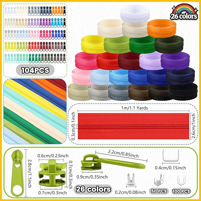 DOITEM 28.6 Yards 26 Pieces Sewing Zippers #3 Nylon Coil Zippers Assorted Zipper for Sewing with 104 Zipper Sliders for DIY Tailor Sewing Crafts Supplies, 26 Color