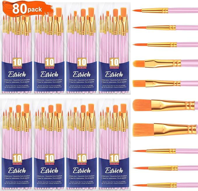 ESRICH 80PCS Pink Paint Brushes, Paint Brush for Acrylic Painting | Artist Paintbrushes for Oil Watercolor, Body Face Rock Canvas, Small Paint Brushes for Kids