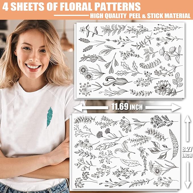 Patemby Embroidery Pattern Water Soluble Embroidery Stabilizers, Stick and Stitch Embroidery Paper Wash Away with Pre-Printed Pattern Designs Stencils Transfers for Hand Sewing Lover Beginner