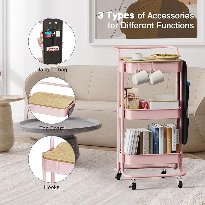 DTK 3-Tier Rolling Cart with Table Top, Metal Utility Cart with Side Bags