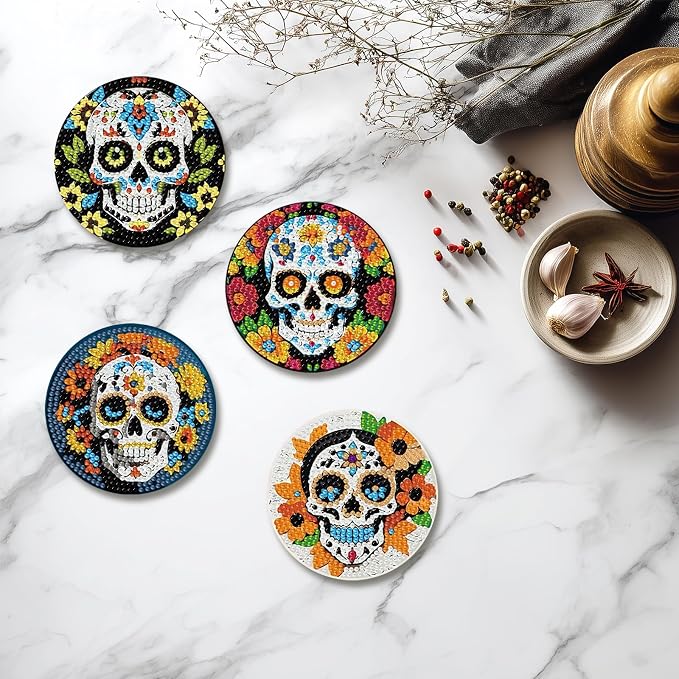 hkejoi 8 Pcs Skull Diamond Art Coasters Kit for Adults, Skull Diamond Painting Coasters with Holder, 5D Gem Art, DIY Crafts Diamond Dots for Gift Home Decor