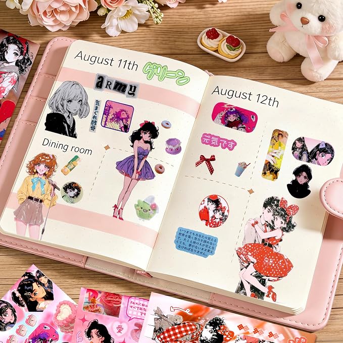 Tmtains 30 Sheets Japanese Manga Style Sticker Book 650+Pcs Heisei Retro Cute Theme Books Style Korean Sticker Aesthetic Japanese Stickers Book for Adults Scrapbooking Notebook Supplies (Girl Journal)