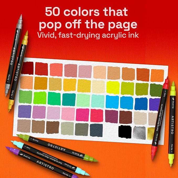 ARTISTRO 50 Acrylic Dual-Tip Glass Marker Pens for Wine Glasses | Brush + Fine Tips Vibrant Dual Tip Paint Pens for Party Charms, DIY, Craft - Art and Craft Supplies for Adults, Teens, Kids