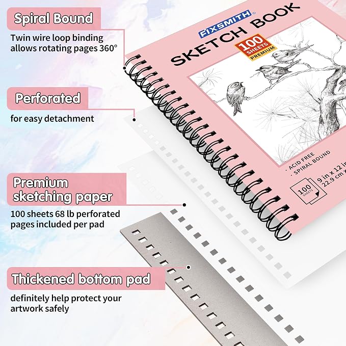 FIXSMITH 9"X12" Sketch Book, 100 Sheets, 68 lb/100gsm,4 Pack Pink | Acid Free Drawing Paper | Spiral Bound Artist Sketch Pad | for Kids, Beginners, Artists & Professionals | Bright White