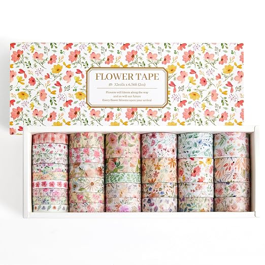 PAGEMORE 32 Rolls Washi Tape Set, Colored Floral Decorative Masking Tape, Artists Tapes for Journaling, Junk Journal, DIY Craft Projects, Scrapbooking Supplies Decor