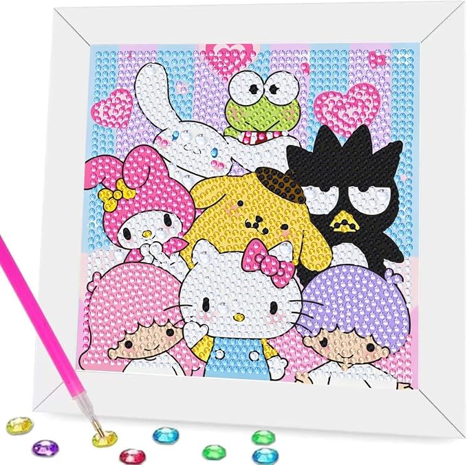 Fuinkqe Small Diamond Art Kits for Kids with Frame,Cartoon Diamond Painting Kits for Kids Ages 6-8-12,Paint with Diamonds Gem Art Mosaic Kits for Gifts and Home Decor 7X7 Inch