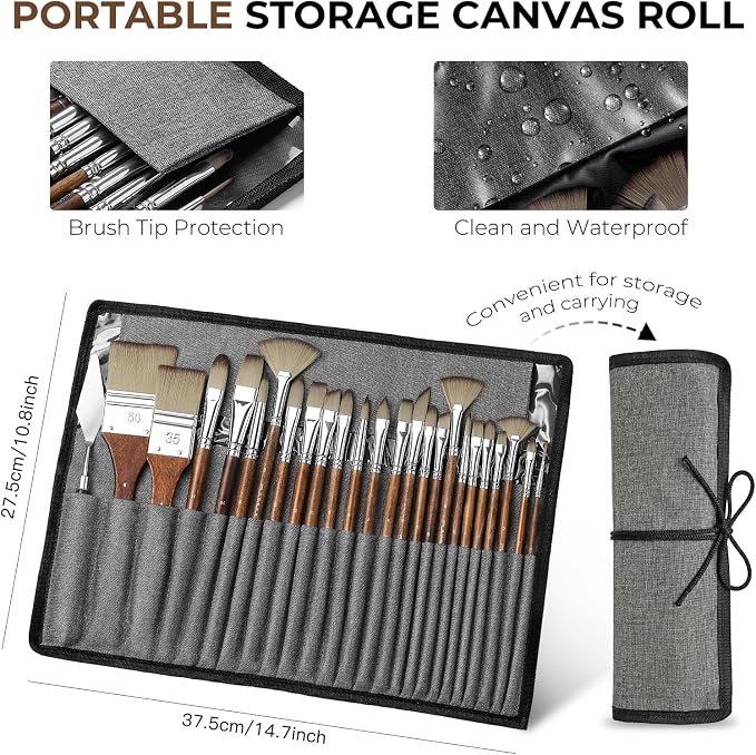 Fuumuui 25pcs Paint Brush Set, Professional 9 Shapes with Wide Flat, Filbert, Fan, Dagger, Cat Tongue, Round, Angle, Rigger for Acrylic Oil Watercolor | Includes Palette Knife & Waterproof Canvas Roll