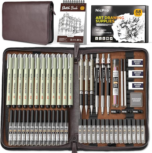 Nicpro 58PCS Art Drawing Supplies Kit, Leather Case, Art Supplies for Adult | Sketching Kit with 12 Micron Pen, 6 Art Mechanical Pencil Set 0.5-2mm, 100 Sheets Sketch Book, Best Gift for Artist Teen