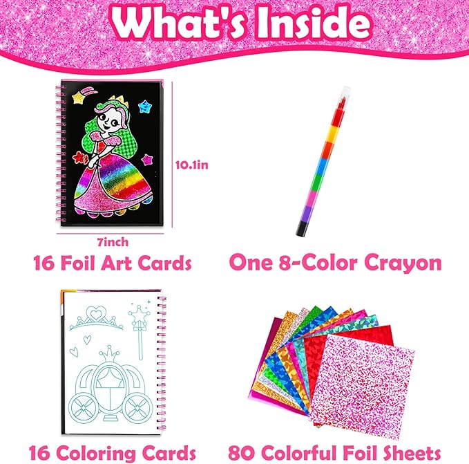 FUNNYB&G Foil Art Craft Kit for Kids, Sparkly Birthday Gift Toy for Girls | No Mess, Kids Ages 4-10 Create Sparkling Artwork, A Creative Gift for Birthdays, Holidays, Travel Activities,Screen-Free Fun