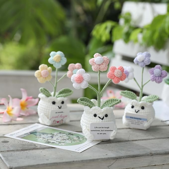 Crochet Sympathy Gifts for Loss of Loved One – Send Sympathy Crochet Puff Flower Potted Plant with Comfort Card – Bereavement, Grief Support Gift Idea for Grandpa Grandma Mom Dad Women Friends