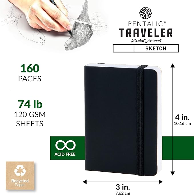 Pentalic 3" x 4" Pocket Sketchbook Traveler Journal, 160 Pages, Black
