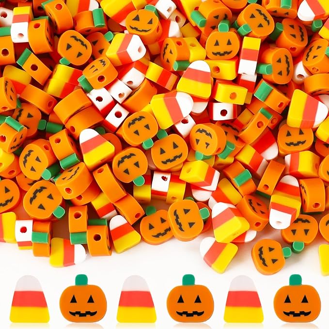 Augshy 300Pcs Halloween Polymer Clay Beads Pumpkin Candy Corn Shaped Beads