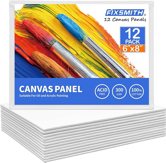 FIXSMITH Canvas Boards for Painting 6x8 Inch, Super Value 12 Pack White Blank Canvas Panels, 100% Cotton Primed, Painting Art Supplies for Professionals, Hobby Painters, Students & Kids