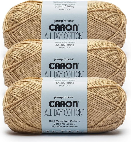 Caron All Day Cotton Yarn for Crocheting, Jute, 3-Pack | #4 Worsted Yarn, 100% Mercerized Cotton, Soft Crochet Yarn for Knitting, Amigurumi & Crafts, 173yds, 100g/3.5oz per skein