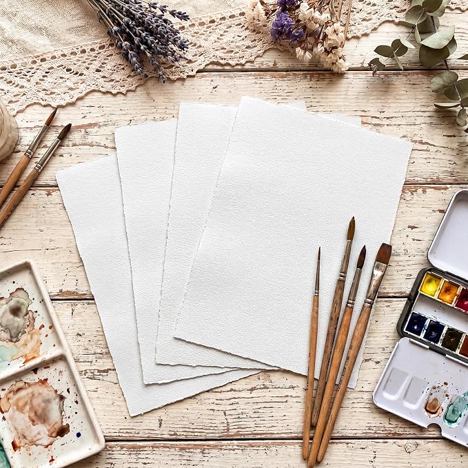 50 Sheets Deckle Edge Watercolor Paper 9x12 in, 160 GSM Handmade