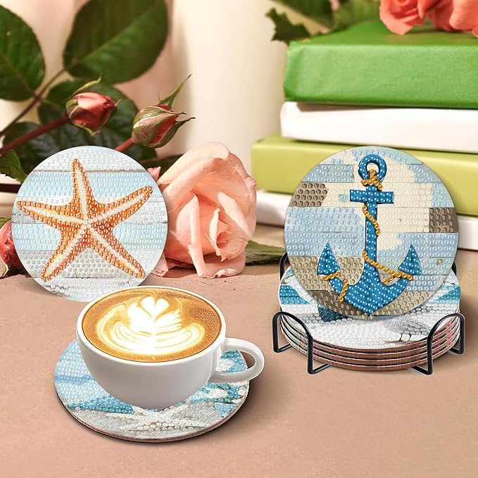 askkqtx 8 Pcs Beach Diamond Art Coasters Kits with Holder 4X4 Inch