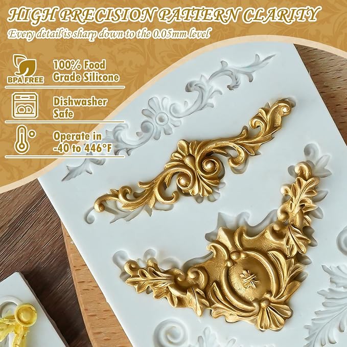 HKNMTT Baroque Style Silicone Molds Curlicues Scroll 3D Border for Clay Fondant Chocolate Sugar Craft Decor, Vintage Wedding Birthday Cake Cupcake Topper Decoration