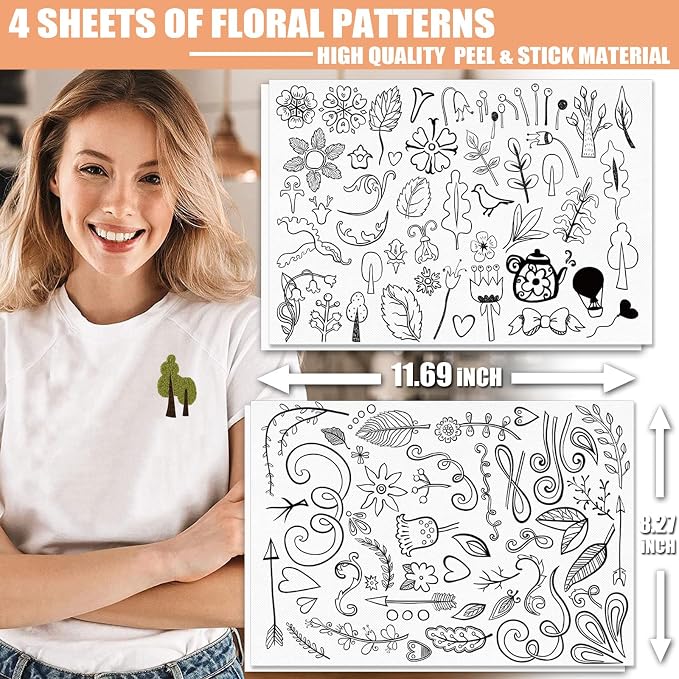 Patemby Embroidery Pattern Water Soluble Embroidery Stabilizers, Stick and Stitch Embroidery Paper Wash Away with Pre-Printed Pattern Designs Stencils Transfers for Hand Sewing Lover Beginner