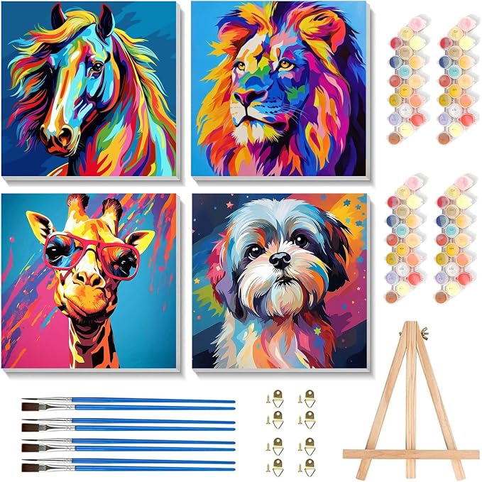 cviokrdu 4 Pack Paint by Numbers Kit for Kids with Frame - Wooden Easel, Animal Paint by Numbers for Kids Ages 4 8 12, Easy Animals Acrylic Oil Painting Kits for Home Wall Decoration 8x8 inch