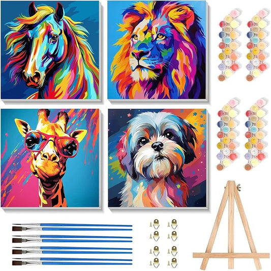 cviokrdu 4 Pack Paint by Numbers Kit for Kids with Frame - Wooden Easel, Animal Paint by Numbers for Kids Ages 4 8 12, Easy Animals Acrylic Oil Painting Kits for Home Wall Decoration 8x8 inch