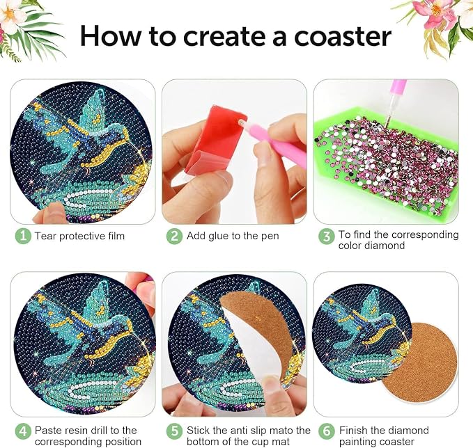 8 Pcs Diamond Art Coasters Kits, Hummingbird Diamond Painting Coasters Kits