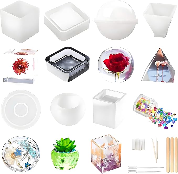 Resin Molds Silicone Kit 20Pcs,Epoxy Resin Molds Including Sphere,Cube,Pyramid,Square,Round, Used for Create Art,DIY,Coasters,Candles.Bonus Decorative Sequins and The Complete Set(20PCS Resin molds)