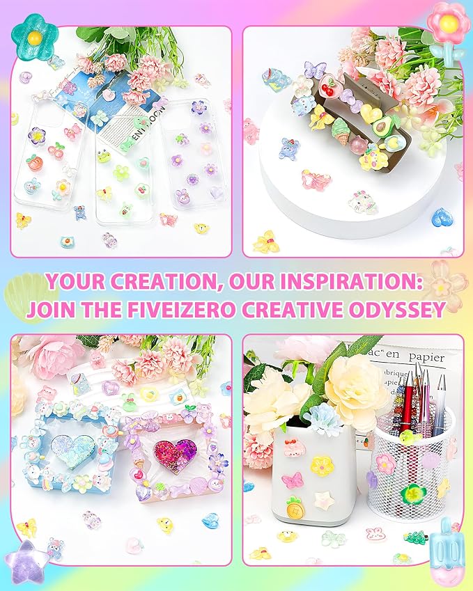 FIVEIZERO 100PCS Cute Slime Charms, Kawaii Flatback Resin Charms | 50+ Unique Designs, Glittery Finish, Easy to Glue, Lightweight and Durable, Perfect for DIY Decoration