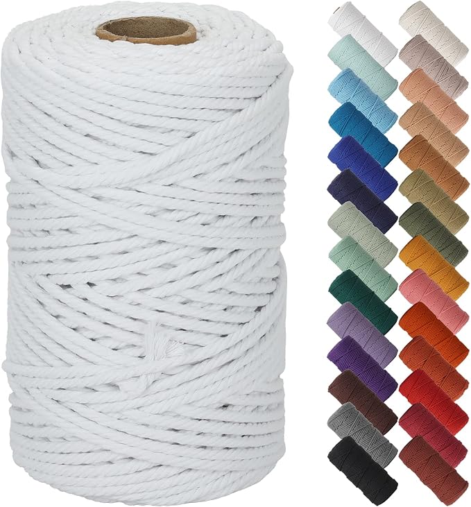 NOANTA White Macrame Cord 5mm x 109yards, Colored Cotton Rope Macrame Yarn | Macrame Rope Supplies, 3 Strand Twisted Cotton Yarn String, Cotton Cord for Wall Hanging, Plant Hangers, Crafts, Knitting