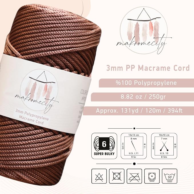 Makromecity, Premium Polyester Macrame Cord 3mm x 131 Yards (394 feet) 3mm Polypropylene Copper Macrame Cord Crochet Macrame Bag Cord Crafts for Wall Hangings, Bags, Underplate, Rug