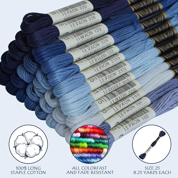 Premium Rainbow Color Embroidery Floss - Cross Stitch Threads - Friendship Bracelets Floss - Crafts Floss - 14 Skeins Per Pack Embroidery Floss, Electric Blue Gradient