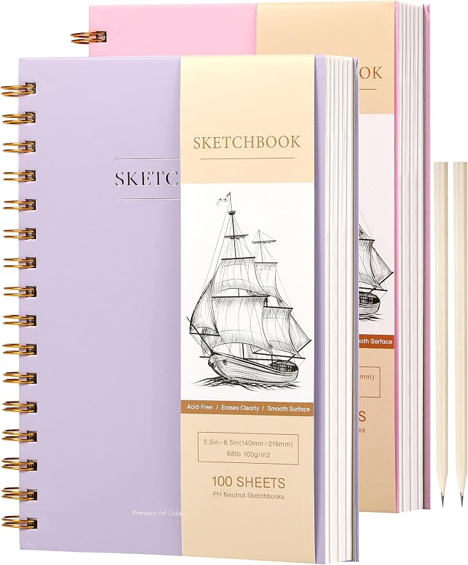 Yoment Small Sketch Book 5.5"x8.5",Mini Sketchbook,Spiral Bound,200 Sheets | Purple & Pink,2-Pack,68 lb/100gsm Hardcover Sketch Pad for Kids,Art Sketchbook Drawing Pad Book with Pencil,For Beginners
