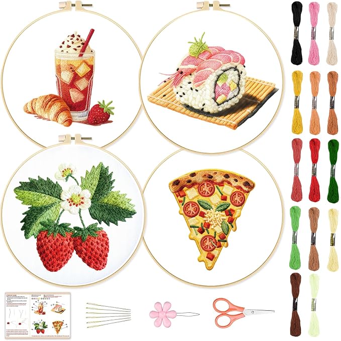 BEUNITONE 4 Set Strawberry Embroidery Kit with Hoops for Adult Beginners | Food/Drink Needlepoint Craft Kits Complete DIY Handmade Cross Stitch Set with Pre-Printed Designs for Home Decor 20x20cm