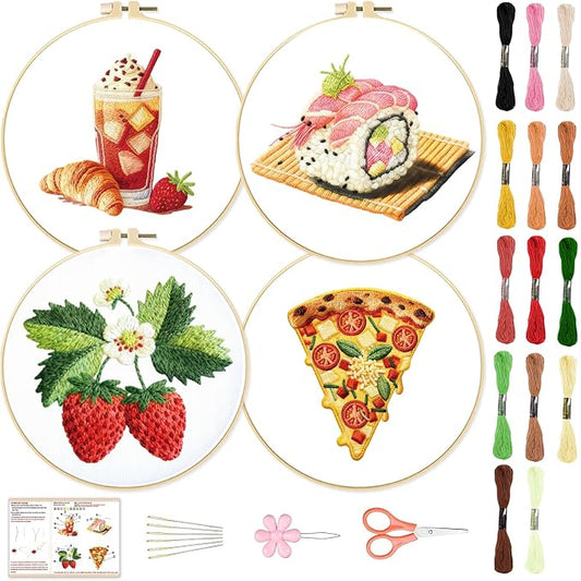 BEUNITONE 4 Set Strawberry Embroidery Kit with Hoops for Adult Beginners | Food/Drink Needlepoint Craft Kits Complete DIY Handmade Cross Stitch Set with Pre-Printed Designs for Home Decor 20x20cm